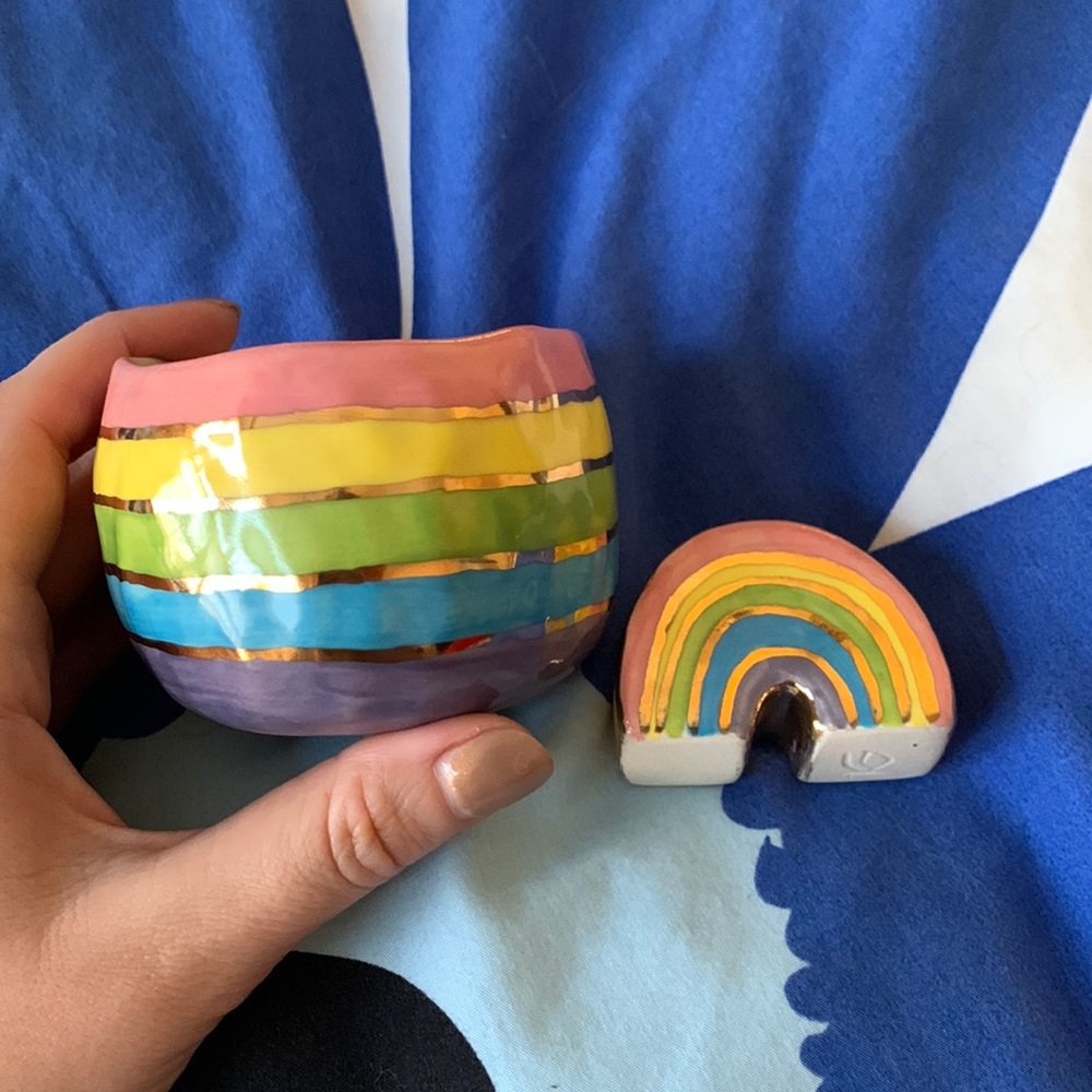 Handmade rainbow tea cup and ceramic rainbow sculpture by Kira Call Ceramics